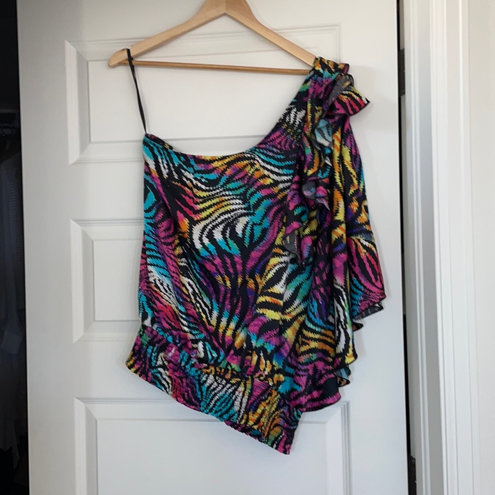 City Chic 1-Sleeve Rainbow Ruffle Party Top